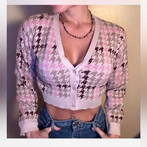 Preppy Houndstooth Cropped Button Cardigan Sweater Pink Beige